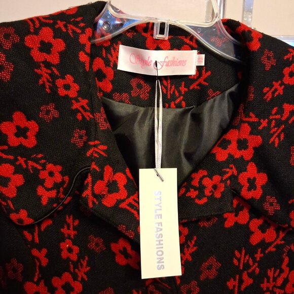 NEW Women’s Elegant Pea Coat Red Black Floral Lined Trench Coat ¾ Sleeve 12 L - Picture 9 of 10
